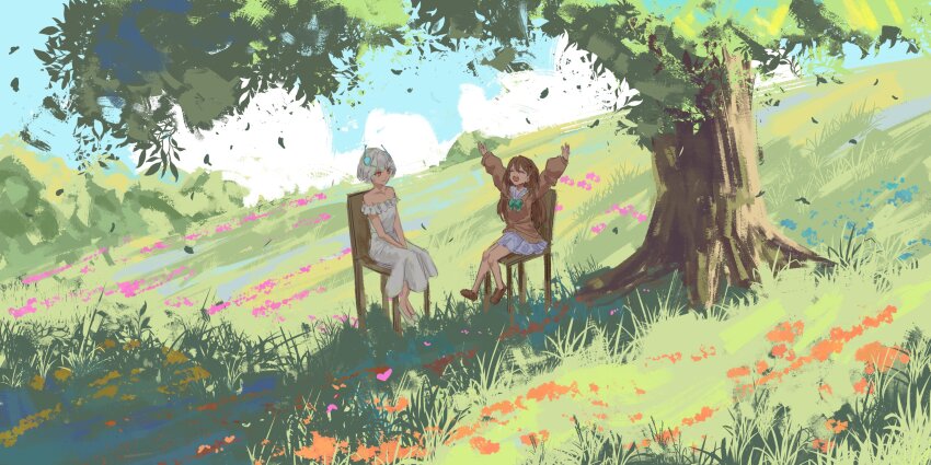 2girls :d absurdres antennae arms_up bare_shoulders blue_skirt blue_sky bow bowtie brown_eyes brown_hair brown_shoes cardigan closed_eyes closed_mouth cloud dress ellie_minibot falling_leaves flower frilled_dress frills grass green_bow green_bowtie hair_between_eyes hair_ornament hairclip hands_on_own_hips hashtag-only_commentary highres hill indie_virtual_youtuber kapxapius leaf loafers long_dress long_hair long_sleeves looking_at_another multiple_girls nature neuro-sama on_chair open_mouth outdoors outstretched_arms pleated_skirt sailor_collar shoes sitting skirt sky sleeveless sleeveless_dress smile teeth tree under_tree upper_teeth_only vedal_ai virtual_youtuber white_dress white_sailor_collar white_shoes wide_shot yellow_cardigan