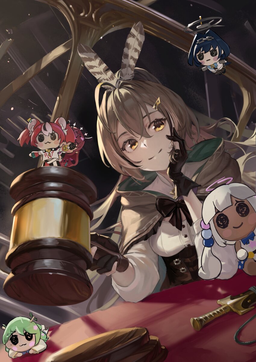 :3 absurdres ahoge bluehead_white_dragon brown_eyes brown_hair ceres_fauna chibi dagger feather_hair_ornament feathers flying gavel gloves hair_ornament hakos_baelz highres hololive hololive_english holopromise irys_(hololive) knife long_hair nanashi_mumei ouro_kronii partially_fingerless_gloves smile smol_baelz smol_fauna smol_irys smol_kronii smol_sana tsukumo_sana virtual_youtuber weapon