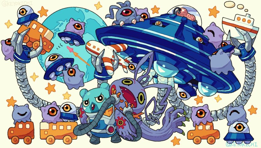 closed_eyes digimon digimon_(creature) espimon happy highres keramon kuramon oblivimon sharp_teeth smile teeth tsumemon