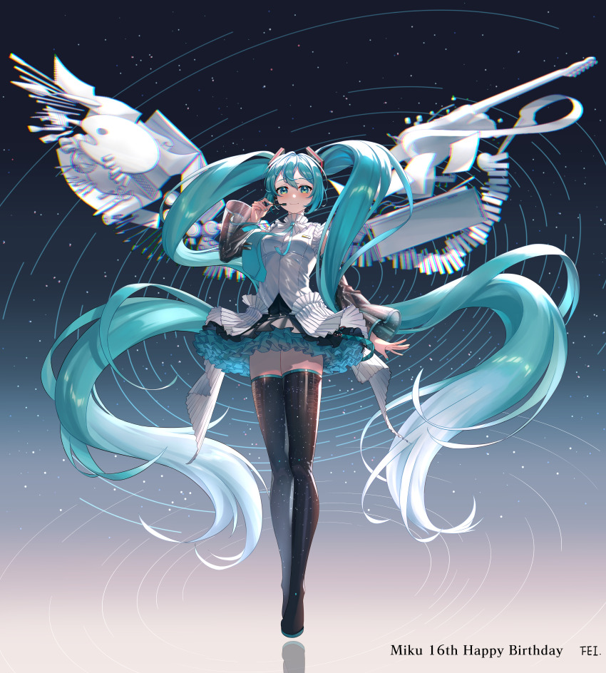 1girl absurdres aqua_eyes aqua_hair aqua_necktie artificial_wings blush book boots commentary detached_sleeves feiken_631 floating_clothes floating_hair frilled_skirt frills full_body gradient_background grey_shirt guitar hair_between_eyes hatsune_miku highres instrument long_hair looking_at_viewer multiple_neckties necktie paper piano_keys pleated_skirt shirt skirt sleeveless smile solo sparkle star_(sky) thigh_boots thighhighs twintails very_long_hair vocaloid wireless_microphone zettai_ryouiki