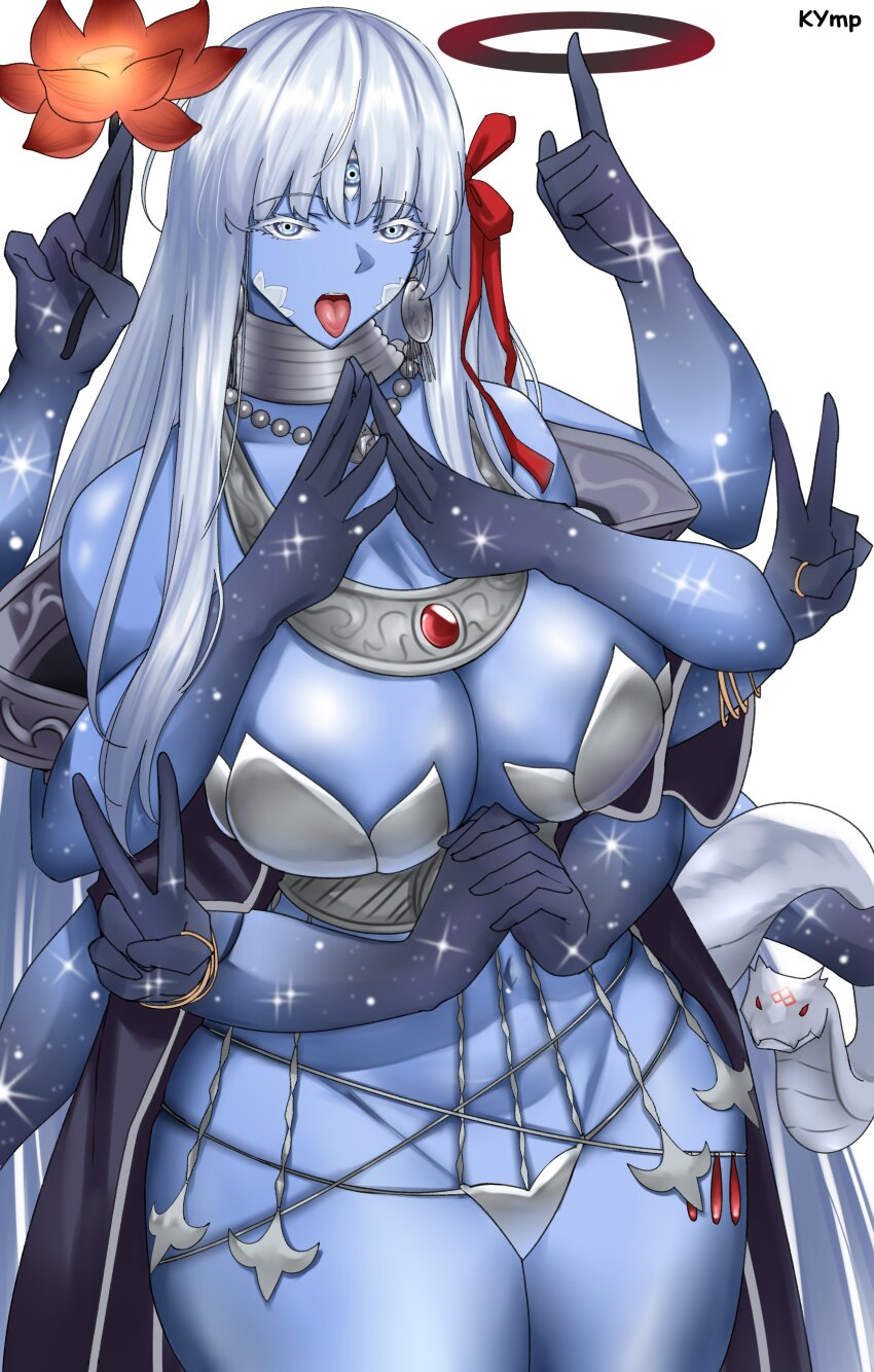 1girl absurdres armor bare_shoulders belly_chain bikini_armor blue_eyes blue_skin bracelet breasts chakram cleavage collarbone colored_skin double_v earrings extra_arms fate/grand_order fate_(series) flower hair_ribbon highres interlocked_fingers jewelry kali_(fate) kymp large_breasts long_hair looking_at_viewer navel neck_ring necklace open_mouth own_hands_together revealing_clothes ribbon sash snake solo sparkle thick_thighs thighs third_eye thumb_ring tongue tongue_out v variant_set very_long_hair weapon white_hair