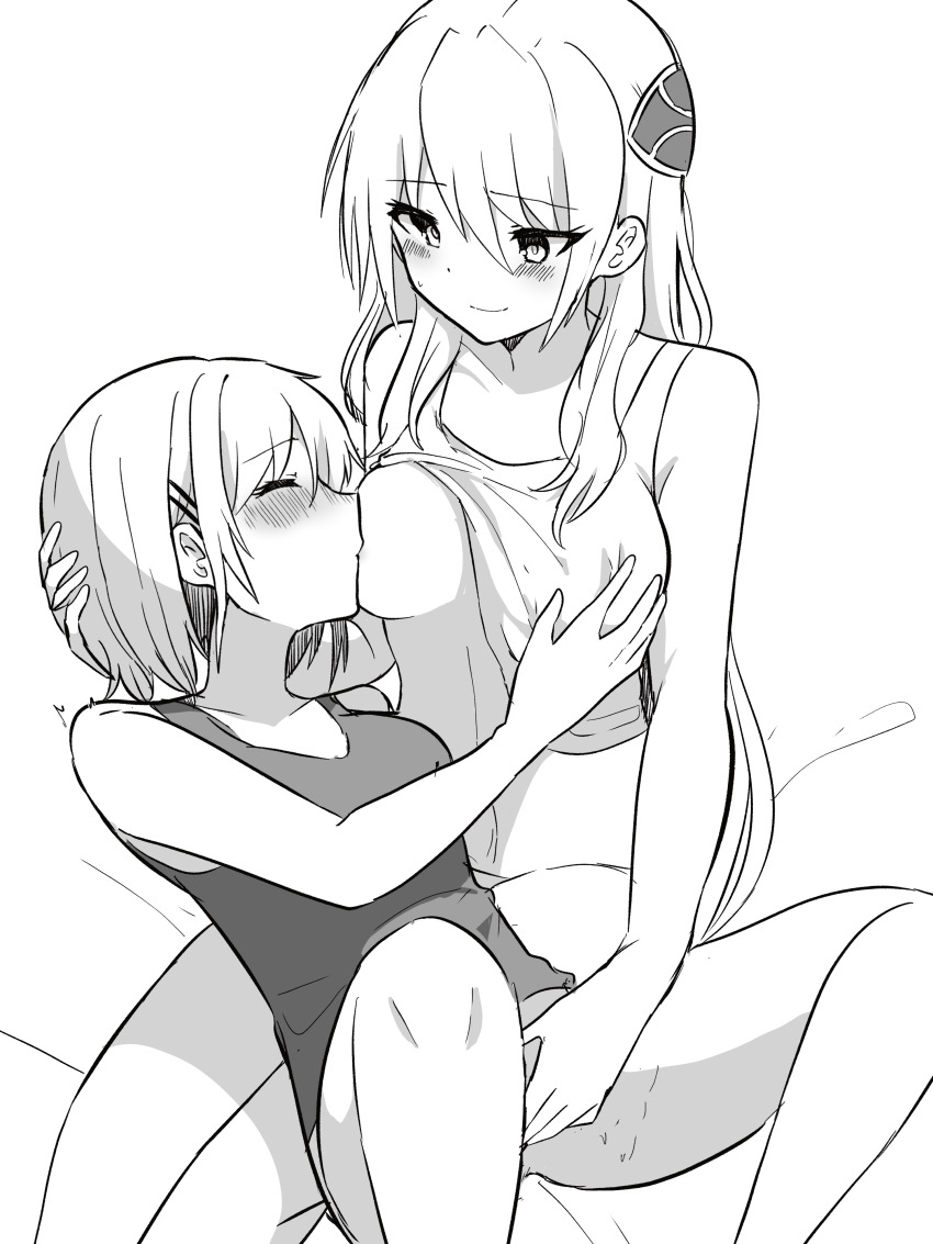 2girls absurdres breast_sucking breastfeeding fingering hair_between_eyes hair_ornament hair_over_one_eye hairclip heaven_burns_red highres kayamori_ruka long_hair monochrome multiple_girls nursing_fingering puyopiku shirakawa_yuina short_hair sidelocks vest yuri