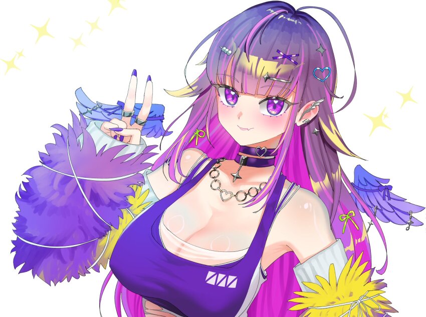 1girl blunt_bangs blush breasts buren choker cleavage closed_mouth colored_inner_hair commentary_request detached_sleeves fang feathered_wings fingernails fur_sleeves hair_ornament hairclip highres jewelry large_breasts looking_at_viewer multicolored_hair nanashi_inc. necklace purple_choker purple_eyes purple_hair purple_nails purple_sleeves purple_sports_bra purple_wings simple_background skin_fang smile solo sparkle sports_bra upper_body uruwashi_ririri virtual_youtuber white_background wings