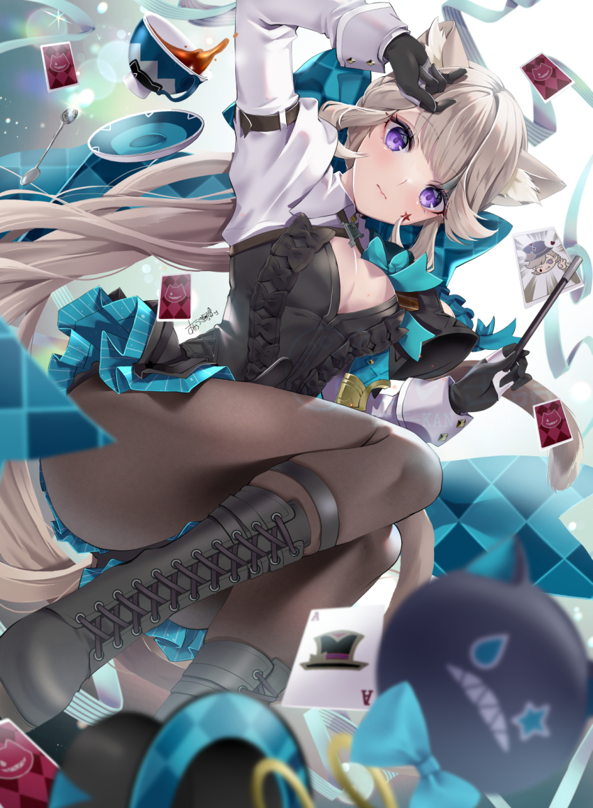 1girl akatsuki_hijiri animal_ears black_boots black_gloves boots bow breasts brown_hair brown_pantyhose cat_ears cat_girl cleavage closed_mouth cup facial_tattoo genshin_impact gloves hair_bow highres knee_boots long_hair long_sleeves looking_at_viewer lynette_(genshin_impact) lyney_(genshin_impact) pantyhose purple_eyes signature solo star_tattoo tattoo teacup teapot two-tone_gloves very_long_hair white_gloves