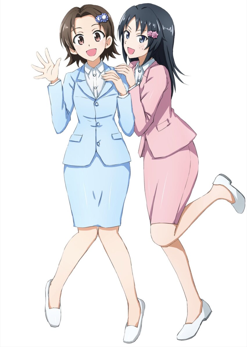 2girls alternate_costume black_hair blue_eyes blue_jacket blue_skirt blue_suit brown_eyes brown_hair collared_shirt commentary_request flower formal_clothes girls_und_panzer hair_flower hair_ornament hand_on_another&#039;s_shoulder highres jacket looking_at_viewer multiple_girls official_alternate_costume omachi_(slabco) pencil_skirt pink_jacket pink_skirt pink_suit sawa_azusa shirt skirt suit waving white_footwear white_shirt yamagou_ayumi