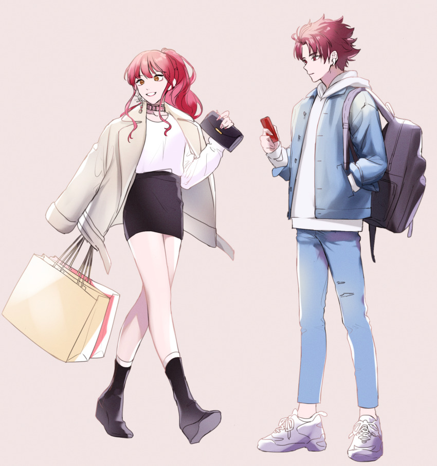1boy 1other airpods backpack bag boots brown_eyes ear_piercing earrings faulkner_anne full_body grey_background high_heel_boots high_heels highres jewelry long_hair long_sleeves nyamnyam0502 pants paradox_live pencil_skirt piercing ponytail red_eyes red_hair shoe_soles short_hair skirt sugasano_allen wedge_heels wireless_earphones
