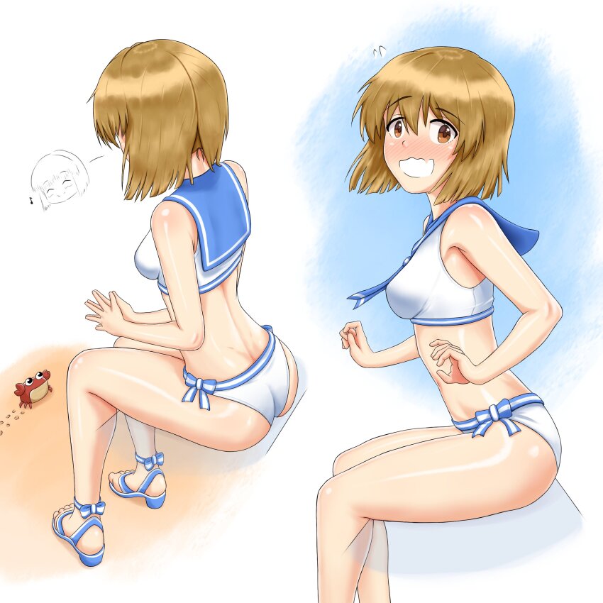 1girl absurdres ass beach bikini blue_bow blue_neckerchief blue_sailor_collar blush bob_cut bow bow_bikini breasts brown_eyes brown_hair crab embarrassed from_behind hagiwara_yukiho highres idolmaster idolmaster_(classic) looking_at_viewer medium_breasts multiple_views neckerchief nii_niip open_mouth sailor_bikini sailor_collar sailor_swimsuit_(idolmaster) sand sandals short_hair side-tie_bikini_bottom sitting strappy_heels swimsuit white_bikini