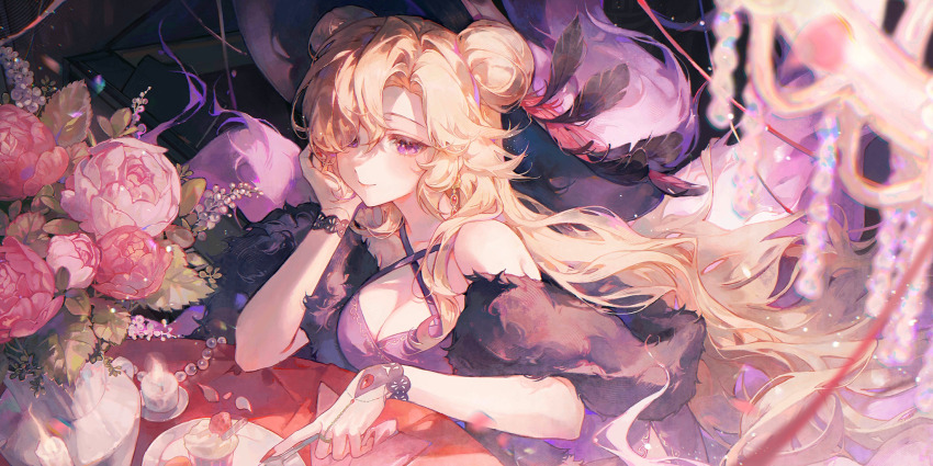 1girl alternate_costume alternate_hairstyle alternate_headwear blonde_hair blurry blush breasts candle cleavage closed_mouth cupcake depth_of_field double_bun dress energy fingernails flower flower_request food fox_tail game_cg hair_bun hand_on_own_cheek hand_on_own_face hat_feather highres junko_(touhou) large_breasts long_fingernails long_hair looking_at_viewer maccha_(mochancc) official_art pink_flower purple_dress purple_eyes red_flower red_nails sharp_fingernails sleeveless sleeveless_dress smile solo table tail third-party_source touhou touhou_lostword vase very_long_hair