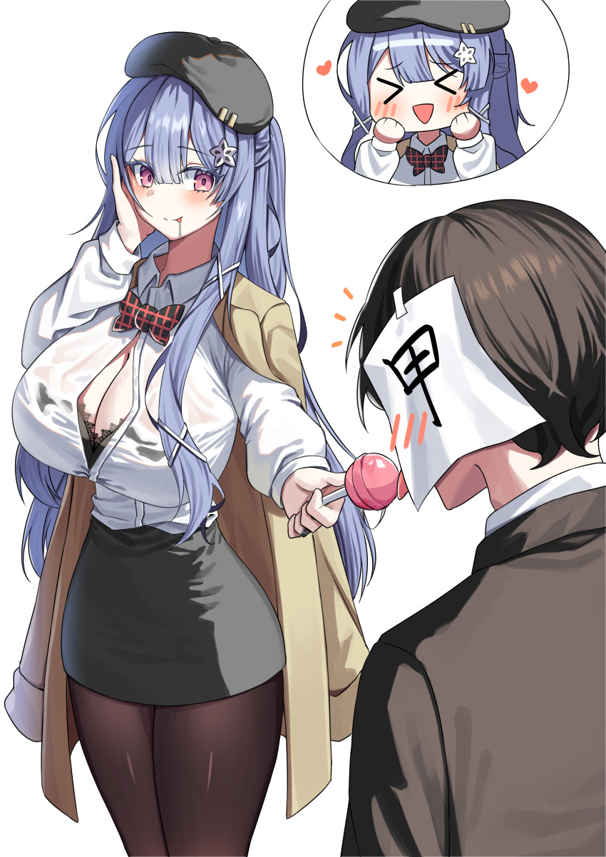 &gt;_&lt; 1boy 1girl :d absurdres administrator_(counter:side) beret black_bra black_hat black_skirt bow bowtie bra breasts brown_pantyhose candy cleavage closed_mouth coat coat_on_shoulders collared_shirt counter:side dress_shirt food half_updo hand_on_own_cheek hand_on_own_face hand_up hat heart high-waist_skirt highres holding holding_candy holding_food holding_lollipop jinggun lace lace-trimmed_bra lace_trim large_breasts lollipop long_sleeves miniskirt open_clothes open_mouth open_shirt pantyhose pencil_skirt shirt shirt_tucked_in simple_background skirt smiel smile solo_focus swan_claire tongue tongue_out underwear white_background white_shirt xd yellow_coat