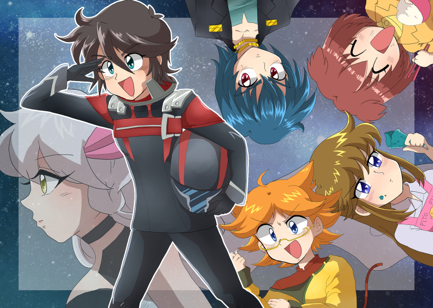 2019 3boys 3girls blue_eyes blue_hair chopsticks closed_eyes closed_mouth commentary commentary_request glasses grey_hair helmet highres holding holding_chopsticks irie_tamaki kugimiya_kei long_hair looking_at_viewer looking_to_the_side majestic_prince multiple_boys multiple_girls open_mouth orange_hair red_eyes red_hair sagoyuma short_hair suruga_ataru uniform yellow_eyes