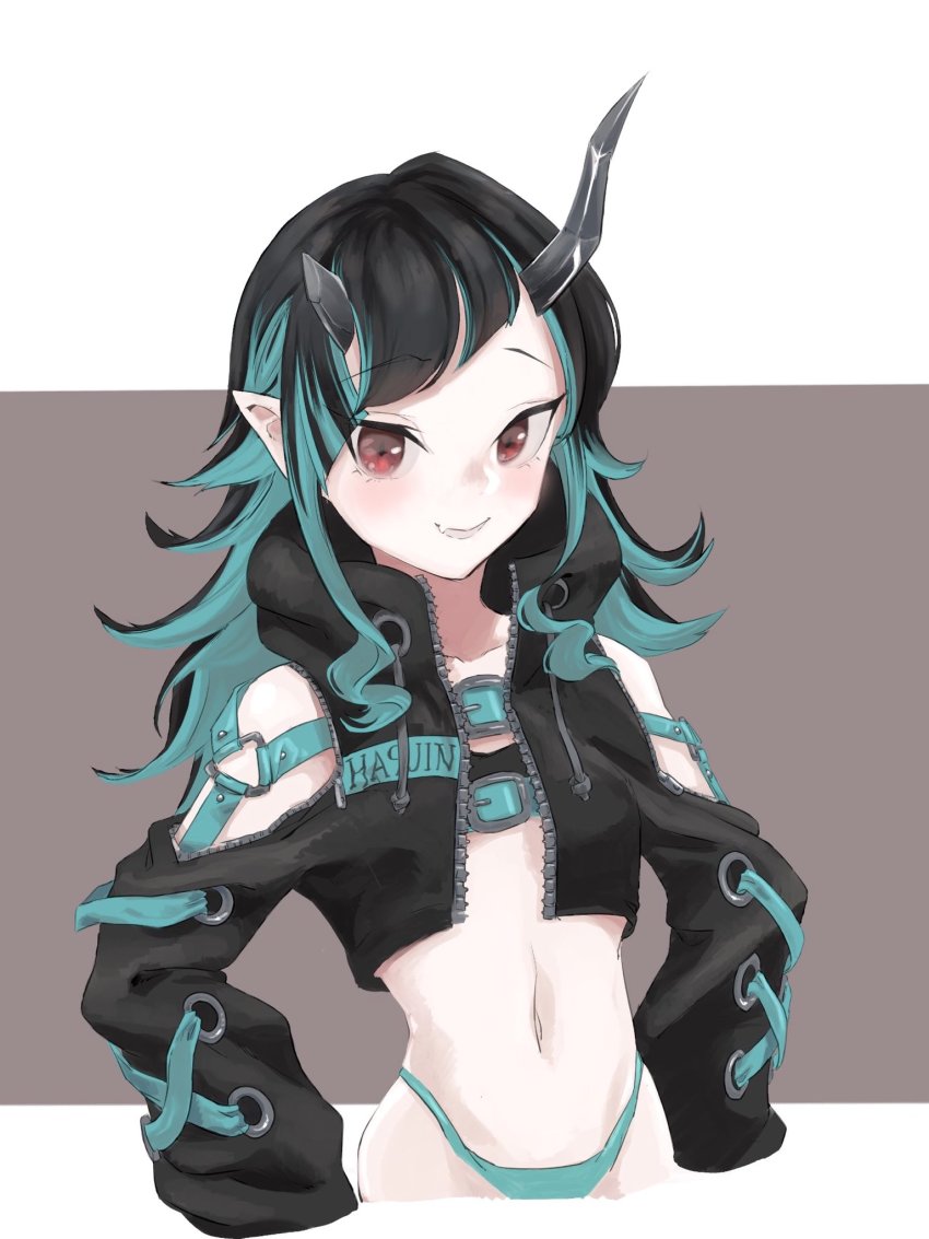 1girl nanashi_inc. belt belt_bra black_hair black_jacket blue_belt blue_hair blue_panties blush brown_background chest_belt clothing_cutout commentary_request cropped_jacket cross-laced_clothes cross-laced_sleeves demon_girl demon_horns fang flat_chest gin_(tttetu123) highleg highleg_panties highres horns jacket long_hair long_sleeves looking_at_viewer midriff multicolored_hair navel open_clothes open_jacket open_mouth panties pointy_ears red_eyes shishio_chris shoulder_cutout simple_background skin_fang sleeves_past_fingers sleeves_past_wrists smile solo sugar_lyric two-tone_background two-tone_hair underwear upper_body virtual_youtuber white_background zipper
