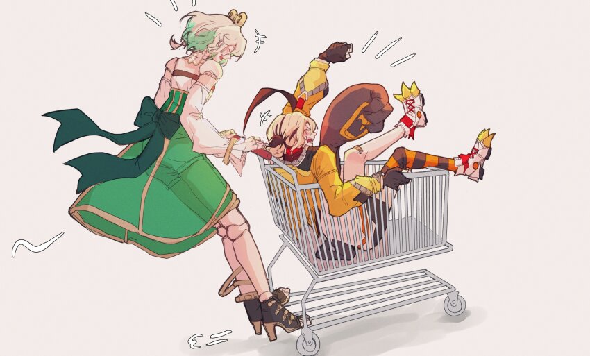 2girls absurdres ahoge bblanckett black_shorts brown_hair cecilia_immergreen cecilia_immergreen_(1st_costume) detached_sleeves doll_joints gigi_murin gigi_murin_(1st_costume) green_hair grey_hair highres hololive hololive_english hood hoodie in_shopping_cart joints multicolored_hair multiple_girls open_mouth orange_hoodie pushing_cart shopping_cart short_hair shorts streaked_hair two-tone_hair virtual_youtuber winding_key