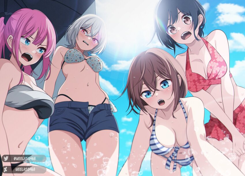 4girls absurdres arms_up beach beach_umbrella bikini black_bikini black_hair blue_bikini blue_eyes blue_shorts blue_sky blush breasts brown_eyes brown_hair cloud cloudy_sky embarrassed grey_bikini hair_ribbon highres himekawa_nene inohana_rikka kirino_iko large_breasts long_hair looking_at_another looking_at_viewer mayonaka_heart_tune medium_breasts medium_hair multiple_girls navel open_mouth pink_eyes pink_hair red_bikini red_skirt ribbon shorts skirt sky striped_bikini striped_clothes sun sunlight surprised swimsuit swimsuit_skirt tongue umbrella uzuki_shinobu water_drop weelass468 white_bikini white_hair