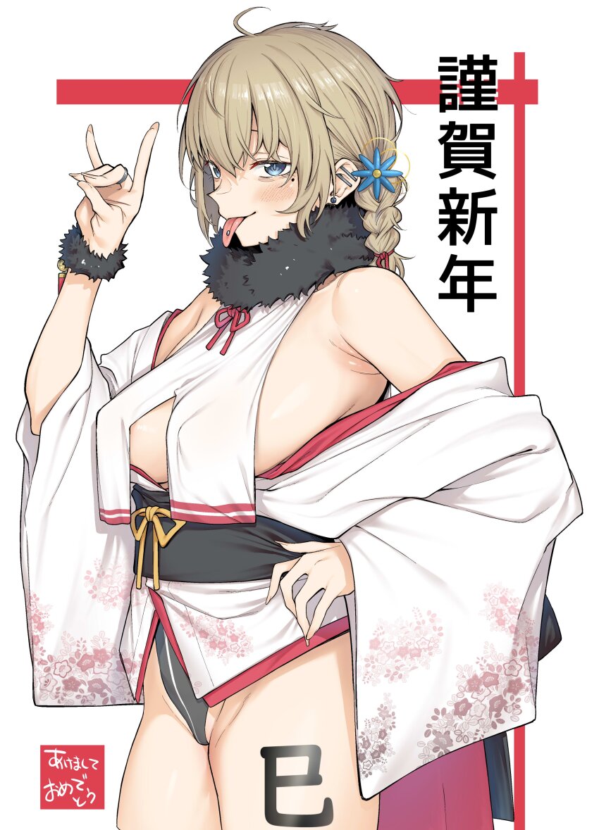 1girl absurdres blonde_hair blue_eyes blush braid breasts commentary_request covered_erect_nipples cowboy_shot fox_shadow_puppet groin highres large_breasts looking_at_viewer medium_hair mole mole_under_eye original piercing simple_background solo spirytus_tarou standing tongue tongue_out tongue_piercing translation_request white_background