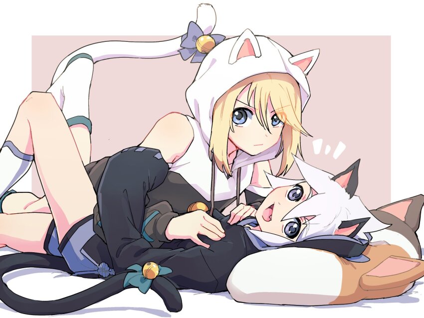 2boys animal_ears animal_hood azuma_yukihiko bell black_hoodie blonde_hair blue_eyes brown_hoodie cat_boy cat_ears cat_hood cat_tail cross-laced_clothes cross-laced_sleeves detached_sleeves fang genius_sage highres hood hoodie jingle_bell long_sleeves looking_at_viewer lying male_focus medium_hair mithos_yggdrasill multiple_boys on_back pillow tail tail_ornament tales_of_(series) tales_of_symphonia trap white_hair yaoi