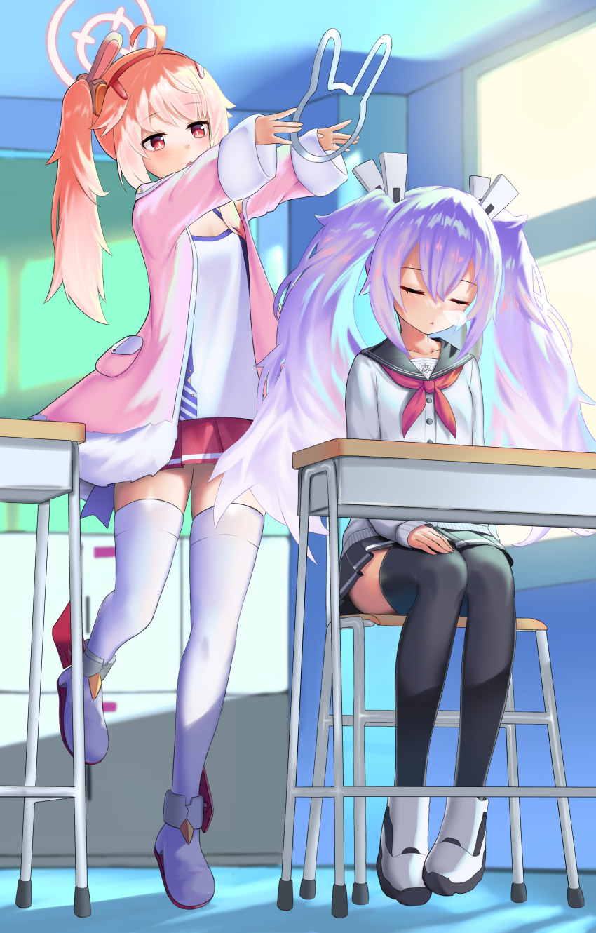 2girls absurdres animal_ears azur_lane black_skirt black_thighhighs blue_archive blurry chair chalkboard classroom collarbone commentary cosplay costume_switch depth_of_field desk fake_animal_ears full_body gradient_hair hair_between_eyes hair_ornament hairband halo head_tilt highres holding indoors jacket laffey_(azur_lane) laffey_(azur_lane)_(cosplay) long_hair long_sleeves looking_at_another multicolored_hair multiple_girls naganawa_maria natsu_(blue_archive) natsu_(blue_archive)_(cosplay) nose_bubble open_clothes open_jacket parted_lips pink_hair pink_jacket pleated_skirt purple_hair rabbit_ears red_eyes red_skirt school_chair school_desk school_uniform seori serafuku side_ponytail sidelocks sitting skirt sleeping standing standing_on_one_leg thighhighs triangle_mouth twintails voice_actor_connection white_thighhighs window zettai_ryouiki