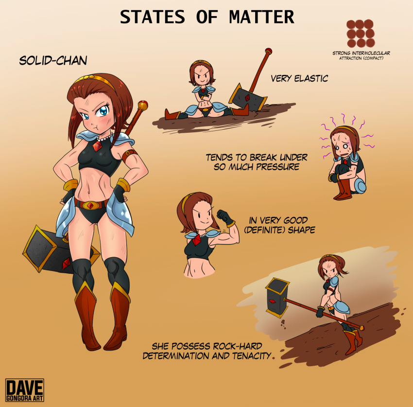 1girl angry armor belt black_gloves black_panties black_shirt black_socks blue_armor blue_eyes blush boots breasts brown_background brown_belt brown_boots brown_hair crossed_arms dakunart fingerless_gloves flexing gloves gradient_background hairband hammer hands_on_own_hips highres holding hugging_own_legs jewelry knee_boots kneehighs looking_at_viewer midriff multiple_views navel necklace o_o open_mouth original panties pearl_necklace personification pout rock scared shirt short_hair shoulder_pads sitting small_breasts smile socks solid-chan split squatting standing sweat tank_top underwear upper_body warhammer weapon