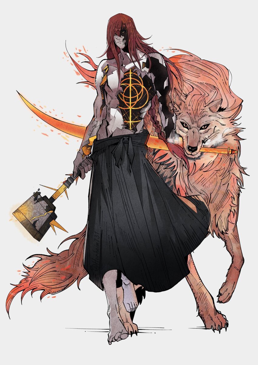 1boy barefoot black_sclera black_skirt braid braided_ponytail colored_sclera cracked_skin elden_ring elden_ring_(object) glowing glowing_eyes hair_between_eyes hammer herheim highres holding holding_hammer holding_sword holding_weapon hole_in_chest hole_in_head hole_on_body hollow_body long_braid long_hair mixed-language_commentary radagon_of_the_golden_order red_hair red_wolf_of_radagon simple_background single_braid skirt sword topless_male weapon white_background wolf yellow_eyes