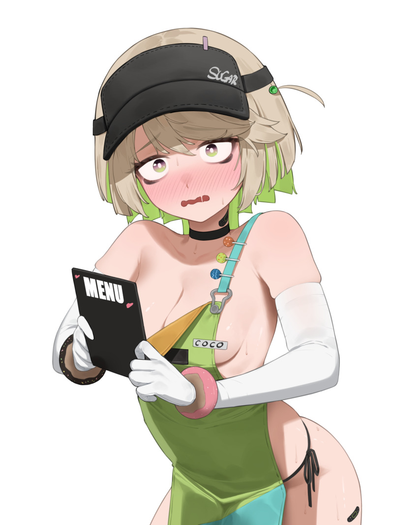 1girl apron black_choker blush breasts choker coco_(zenless_zone_zero) colored_inner_hair flasso gloves green_apron green_eyes green_hair highres menu multicolored_hair short_sidetail simple_background solo visor_cap white_gloves zenless_zone_zero
