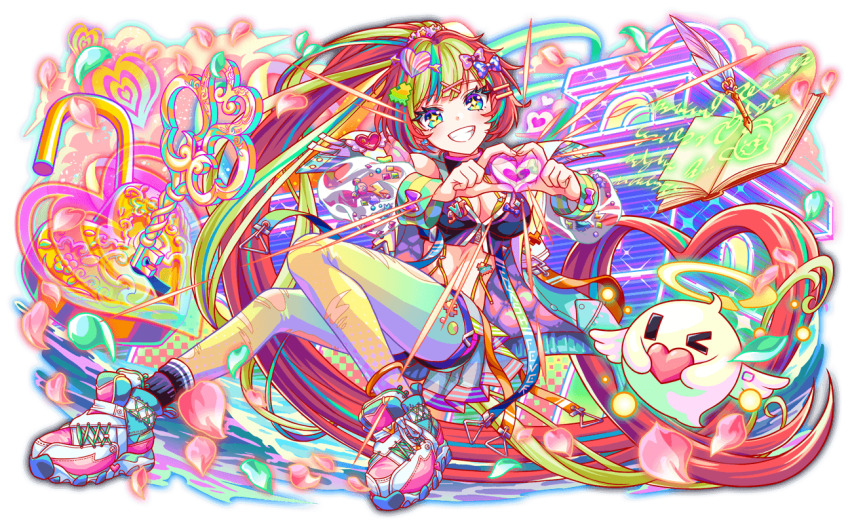 1girl 1other four-finger_heart_hands absurdly_long_hair ankle_socks anklet arrow_through_heart badge black_collar black_eyes black_jacket black_socks blue_bow blue_outline blush book bow bra breasts button_badge cel_shading cleavage clenched_teeth closed_mouth cloud coat collar crash_fever cropped_jacket double_horizontal_stripe earrings eyelashes feathers full-length_zipper full_body game_cg gold_anklet gradient_pantyhose green_coat green_eyes green_hair green_pantyhose green_petals green_sleeve_cuffs hair_bow hair_ornament hair_scrunchie hairclip halo heart heart-shaped_lock heart_hair_ornament heart_hands heart_ornament high_ponytail holding holding_heart horizontal-striped_skirt horizontal-striped_sleeve_cuffs jacket jewelry key lanyard large_breasts legs_apart light_particles lightning_bolt_symbol lock lone_nape_hair long_hair midriff multicolored_footwear multicolored_hair official_art one_eye_closed outline padded_coat pages pantyhose pink_clouds pink_petals pink_shorts polka_dot polka_dot_bow ponytail purple_bow puzzle_piece_ornament quill red_hair red_outline saturated scrunchie see-through_clothes see-through_skirt see-through_sleeves shoes shorts single_sock skirt sleeve_cuff_bow sneakers socks solo_focus sparkling_eyes streaked_hair striped_clothes striped_jacket suspender_shorts suspenders tachi-e teeth text_print torn_clothes torn_pantyhose transparent_background two-sided_coat two-sided_fabric two-tone_hair two-tone_pantyhose underwear valentine_(crash_fever) vertical-striped_clothes vertical-striped_jacket very_long_hair white_feathers white_wings wings x_hair_ornament yellow_bra yellow_pantyhose yellow_sleeve_cuffs zipper