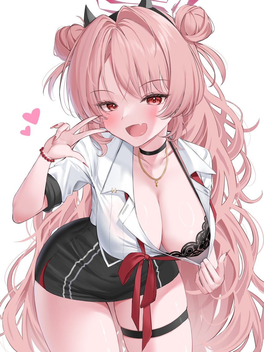 1girl :d absurdres bead_necklace beads black_bra black_choker black_skirt blue_archive blush bow bowtie bra breasts choker cleavage collared_shirt commentary_request cowboy_shot curvy demon_horns double_bun eyelashes fake_horns fang fingernails gyaru hair_between_eyes hair_bun hair_intakes halo hand_up happy heart highres horns jewelry kirara_(blue_archive) large_breasts leaning_forward long_fingernails long_hair long_sleeves nail_polish necklace open_mouth pencil_skirt pink_hair red_bow red_bowtie red_eyes red_halo red_nails school_uniform shiny_skin shirt simple_background skin_fang skindentation skirt sleeves_rolled_up smile solo thigh_strap thighs tsurime two_side_up underwear very_long_hair w wavy_hair wfa5051 white_background white_shirt