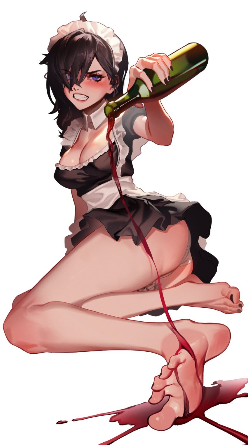 1girl alcohol annoyed ass barefoot blush bottle breasts character_request copyright_request dethmaid dress feet frilled_dress frills hair_over_one_eye highres large_breasts maid maid_headdress medium_breasts nail_polish panties red_wine simple_background solo toenail_polish toenails underwear white_background wine wine_bottle