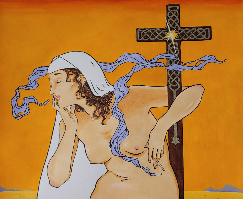 1girl artistic_nudity babbittybabbitt brown_hair cigarette cross curly_hair desert highres smoking topless_female wimple
