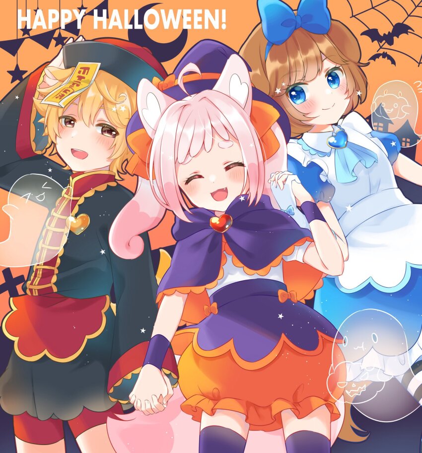 1boy 2girls ahoge animal_ears apron bike_shorts black_capelet black_jacket blonde_hair blue_bow blue_dress blue_eyes bob_cut bow brooch brown_hair capelet chinese_clothes closed_eyes closed_mouth collared_dress commentary crescent_moon delicious_party_precure dog_ears dog_girl dog_tail dragon_boy dress english_text facing_viewer fang fox_ears fox_girl fox_tail frilled_skirt frills ghost gloves hair_bow hair_ribbon half-closed_eyes halloween halloween_costume hand_on_headwear happy_halloween hat heart heart_brooch highres holding_hands jacket jewelry jiangshi_costume kome-kome kome-kome_(human) long_sleeves medium_dress mem-mem_(precure) mem-mem_(precure)_(human) miniskirt moon multiple_girls ofuda open_mouth orange_capelet orange_ribbon orange_skirt pam-pam pam-pam_(human) pink_hair precure puffy_short_sleeves puffy_sleeves purple_capelet purple_hat purple_skirt qingdai_guanmao red_eyes red_shorts ribbon shirt short_sleeves shorts side-by-side silk skirt smile spider_web star_(symbol) string_of_flags tail twintails two-sided_capelet two-tone_skirt white_apron white_gloves white_shirt witch_hat wristband youyi_(yui010321)