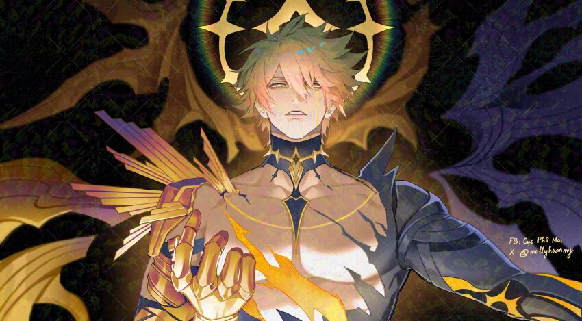 1boy absurdres armored_gloves artist_name asymmetrical_wings bare_pectorals blonde_hair facebook_username hair_between_eyes halo halo_behind_head hashtag-only_commentary highres honkai:_star_rail honkai_(series) injury liquid_gold male_focus mollyhoanmy open_mouth pectorals phainon_(honkai:_star_rail) short_hair solo spoilers tears tears_from_one_eye twitter_username upper_body watermark watermark_grid wings yellow_eyes
