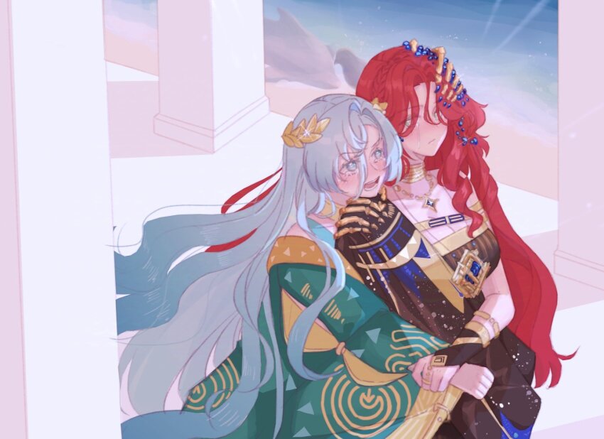2girls 37_(reverse:1999) :/ bearmeatv black_dress blue_eyes blue_gemstone blue_hair blue_robe breasts cleavage closed_mouth crying crying_with_eyes_open dress gem hair_ornament holding_hands hug hug_from_behind laurel_crown long_hair looking_at_another looking_to_the_side multiple_girls ocean open_mouth pillar reverse:1999 robe single_bare_shoulder single_off_shoulder sophia_(manus_vindictae)_(reverse:1999) sophia_(reverse:1999) streaming_tears tears teeth upper_body v-shaped_eyebrows very_long_hair yuri