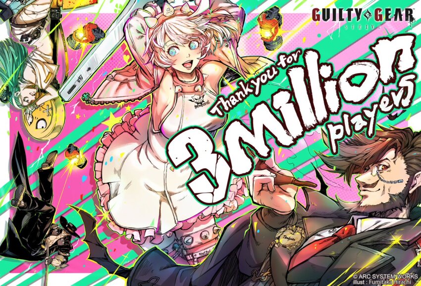 2boys 2girls :d a.b.a black_hat black_jacket breasts brown_hair clenched_teeth collar copyright_name cropped_jacket dress elphelt_valentine frilled_dress frills green_hair guilty_gear guilty_gear_strive hat headband holding holding_smoking_pipe illustica_phantom jacket johnny_(guilty_gear) long_hair looking_at_viewer milestone_celebration multiple_boys multiple_girls necktie no_shirt official_art open_mouth paracelsus_(guilty_gear) pink_headband pink_jacket red_necktie second-party_source short_hair sideboob slayer_(guilty_gear) smile smoking_pipe spiked_collar spikes teeth upper_teeth_only white_dress white_hair white_headband