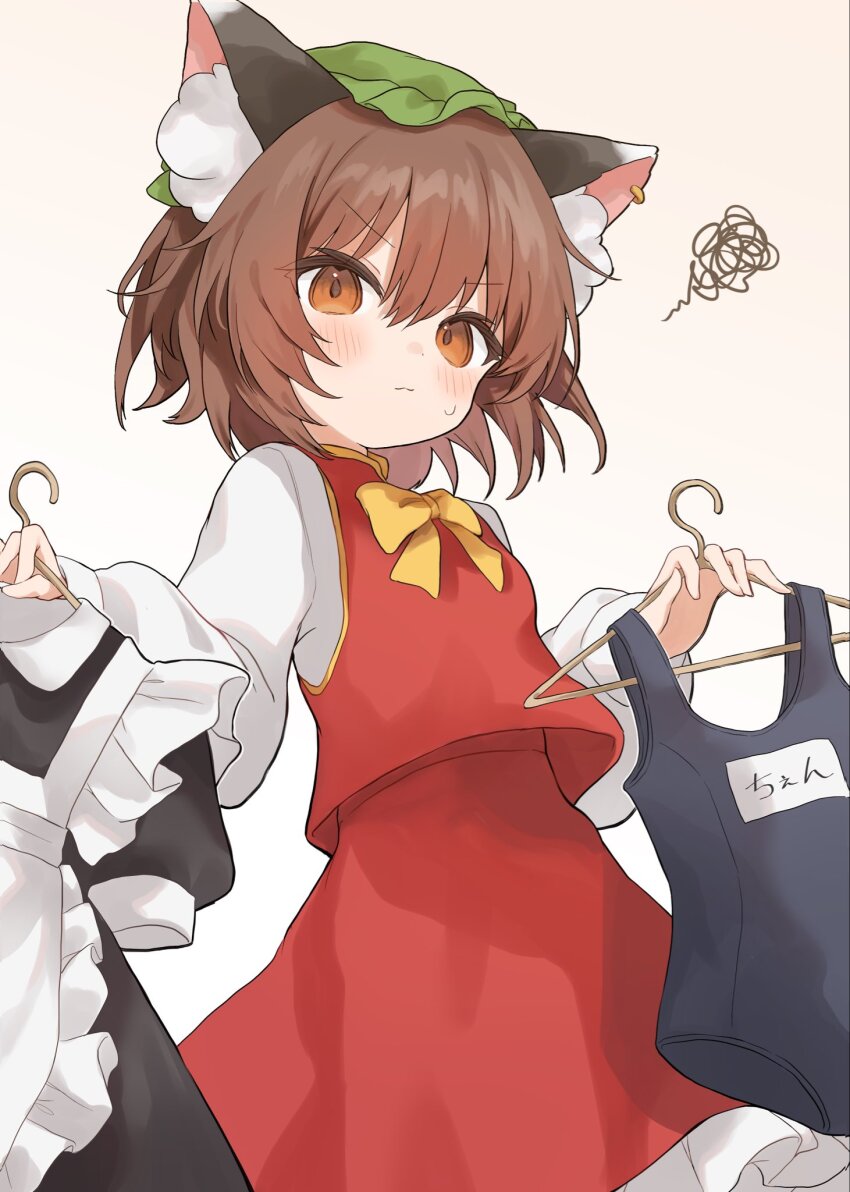 1girl animal_ear_fluff animal_ears blush bow bowtie breasts brown_eyes brown_hair cat_ears chaki_(kinaneko2149) chen closed_mouth clothes_hanger commentary_request dot_nose double-parted_bangs frills from_below hair_between_eyes hands_up hat highres holding holding_clothes_hanger long_sleeves maid mob_cap one-piece_swimsuit petticoat puffy_long_sleeves puffy_sleeves red_skirt red_vest short_hair simple_background skirt skirt_set small_breasts solo squiggle sweat swimsuit touhou v-shaped_eyebrows vest white_background yellow_bow yellow_bowtie