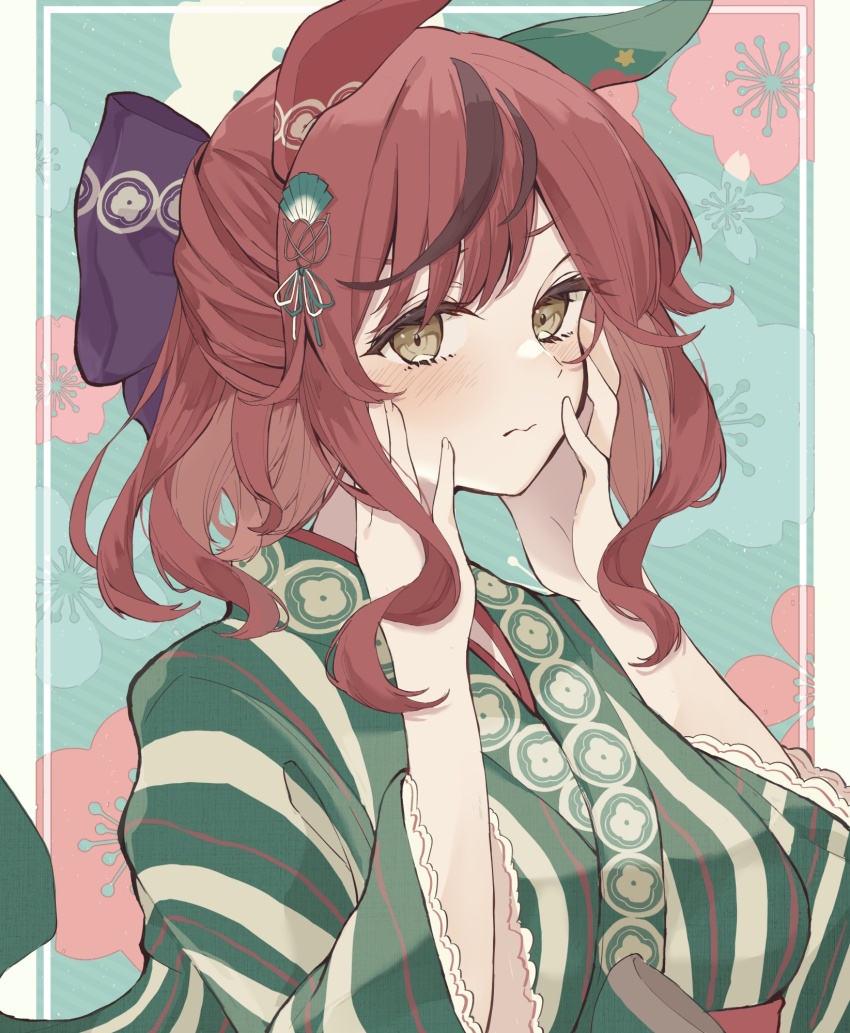 1girl animal_ears blush bow breasts brown_eyes brown_hair closed_mouth commentary_request ear_covers eyebrows_hidden_by_hair hair_bow hands_on_own_face hands_up highres horse_ears japanese_clothes kimono long_hair long_sleeves looking_at_viewer multicolored_hair nice_nature_(converging_wishes)_(umamusume) nice_nature_(negaino_kasane)_(umamusume) nice_nature_(umamusume) purple_bow ri_cochet small_breasts solo streaked_hair striped_clothes striped_kimono umamusume upper_body vertical-striped_clothes vertical-striped_kimono wide_sleeves