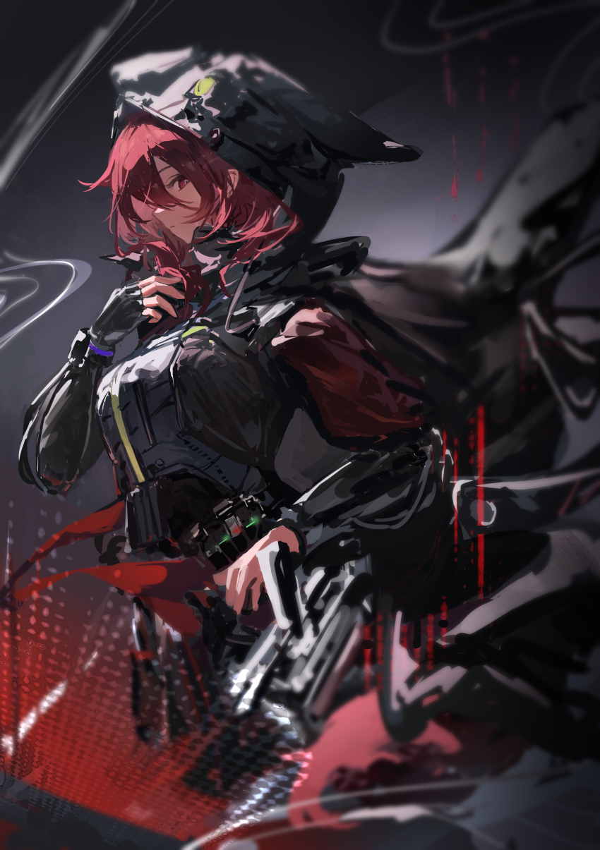 1girl absurdres animal_ear_hood animal_ears arknights black_background black_cape black_gloves black_jacket breasts cape closed_mouth commentary_request cowboy_shot cropped_jacket crownslayer_(arknights) crownslayer_(the_dark_night_terminator)_(arknights) fake_animal_ears fingerless_gloves floating_cape from_side gloves gradient_background grey_background grey_vest hair_between_eyes hand_on_own_hip hand_up highres hood hood_up hooded_jacket hyena_ears hyena_girl jacket laoshi_wo_hao_e large_breasts looking_at_viewer medium_hair official_alternate_costume partial_commentary profile red_eyes red_hair scabbard sheath sheathed sidelocks sideways_glance solo vest