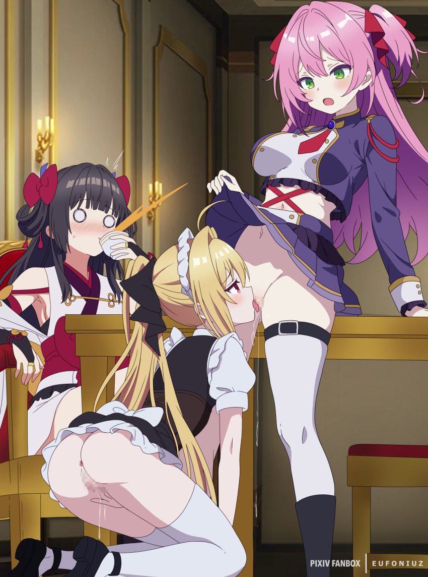3girls absurdres amatsu_karla anus armpits artist_name ascot ass black_hair black_shoes blonde_hair bow breasts censored clothes_lift commentary_request commission cunnilingus eufoniuz female_masturbation fingering furrowed_brow green_eyes hair_bow high_ponytail highres hikikomari_kyuuketsuki_no_monmon indoors kneeling lifting_own_clothes long_hair long_sleeves maid_headdress masturbation mosaic_censoring multiple_girls navel nelia_cunningham no_panties o_o open_mouth oral pink_hair pixiv_commission pixiv_username pleated_skirt ponytail pussy_juice red_ascot red_bow red_eyes shoes sitting skindentation skirt skirt_lift spit_take spitting table terakomari_gandezblood thighhighs tongue tongue_out two_side_up white_thighhighs yuri