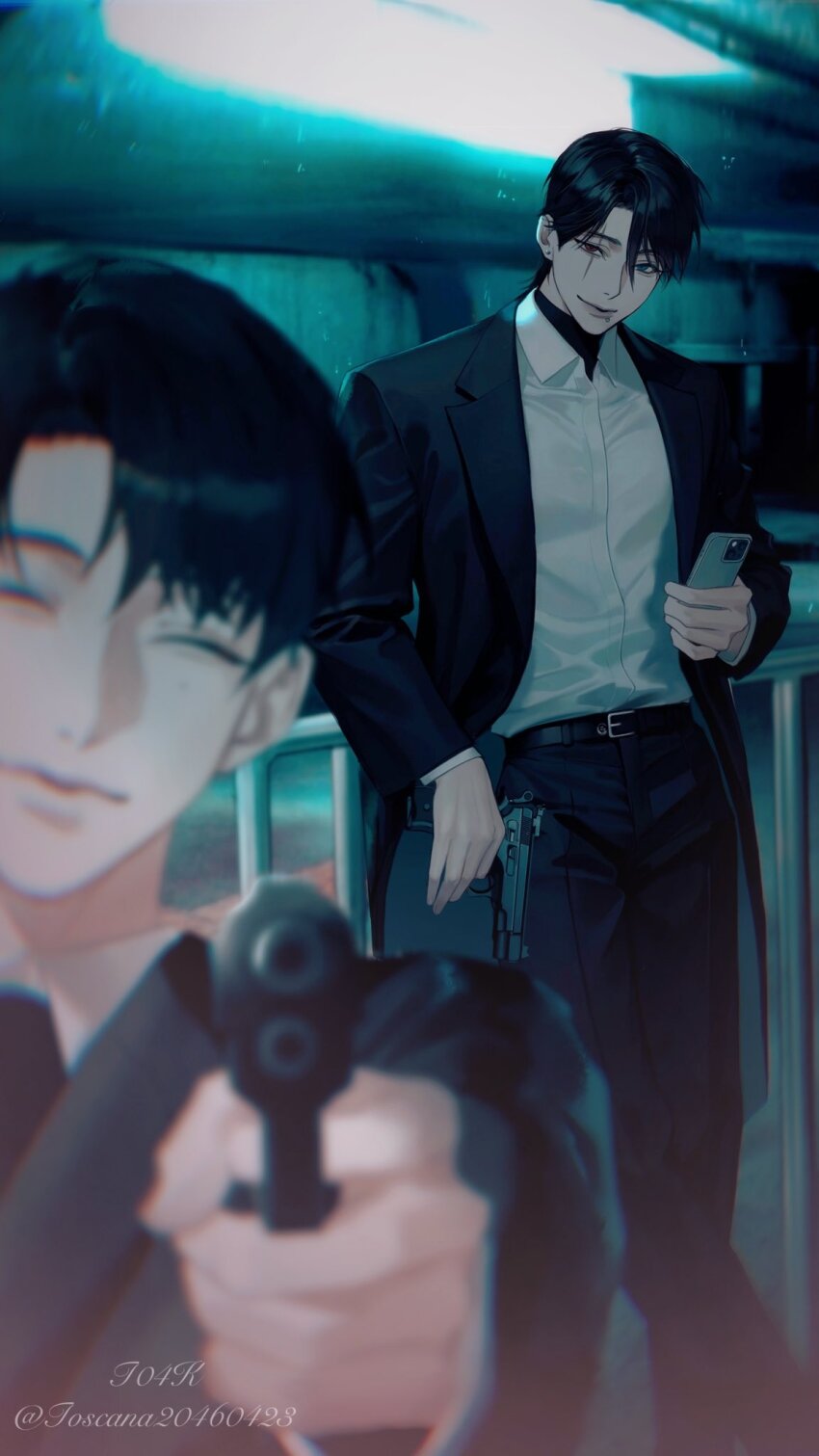 2boys aiming aiming_at_viewer artist_name belt black_belt black_hair black_jacket black_necktie black_pants black_shirt blue_eyes blurry blurry_background blurry_foreground cellphone closed_eyes closed_mouth commentary earrings english_commentary feet_out_of_frame full_body gun hair_between_eyes heterochromia highres holding holding_gun holding_phone holding_weapon jacket jewelry looking_at_viewer male_focus mole mole_under_eye mouth_piercing multiple_boys necktie original outdoors pants phone red_eyes scar scar_across_eye scar_across_eyebrow scar_on_face shirt short_hair smartphone smile standing thick_lips toscana20460423 twitter_username upper_body weapon weapon_request white_shirt