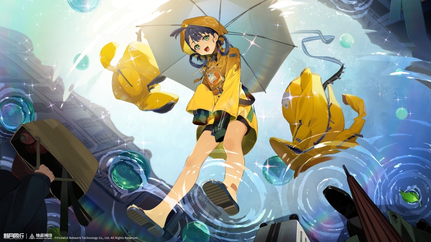 1girl :d absurdres ahoge bandaid bandaid_on_foot bare_legs black_jacket black_shorts blue_hair blue_sky building coat copyright_name copyright_notice day different_reflection drink drink_pouch drinking_straw flip-flops from_above ganlin_(xinyue_tongxing) green_eyes hair_rings highres holding holding_umbrella hood hood_up jacket leaf leaning_forward logo long_sleeves looking_at_viewer medium_hair nori_tamahana official_art open_mouth people raincoat reflection reflection_focus reflective_water ripples sandals shorts sky sleeves_past_fingers sleeves_past_wrists smile solo_focus sparkle umbrella unworn_coat white_umbrella xinyue_tongxing yellow_raincoat