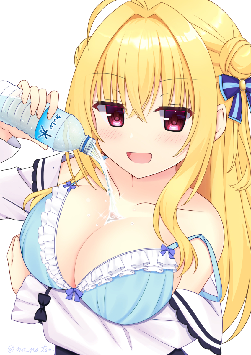 1girl :d ahoge arm_under_breasts bare_shoulders blonde_hair blue_bow blue_bra blush bottle bow bow_bra bra breasts cleavage clothes_pull collarbone commentary_request crossed_bangs double_bun eyes_visible_through_hair frilled_bra frills hair_between_eyes hair_bow hair_bun hair_intakes hamidashi_creative hand_up highres holding holding_bottle izumi_hiyori large_breasts long_hair long_sleeves nanatsu_(na_na_tsu) naughty_face open_mouth red_eyes shirt shirt_pull sidelocks simple_background smile smug solo sparkle strap_slip twitter_username two_side_up underwear upper_body water water_bottle water_drop white_background white_shirt