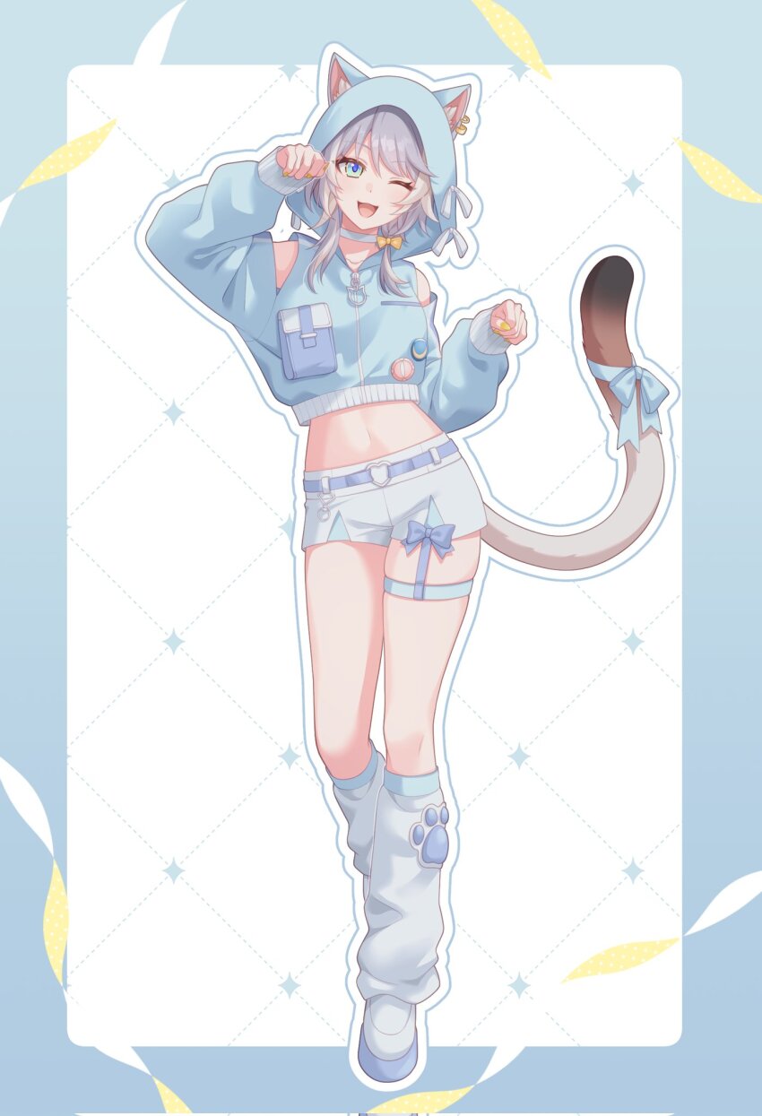 1girl ;d alternate_costume animal_ear_fluff animal_ears animal_hood aqua_eyes belt blue_border blue_bow blue_hood blue_pupils blue_ribbon blush border bow cat_ears cat_girl cat_hood cat_tail cipher_(honkai:_star_rail) crop_top full_body grey_hair hair_between_eyes highres honkai:_star_rail honkai_(series) hood hood_up long_sleeves midriff multicolored_hair multicolored_tail navel one_eye_closed open_mouth pochimaru_(marumaru_wanwan) ribbon shoes shorts simple_background smile solo standing streaked_hair tail thighhighs white_hair white_shorts