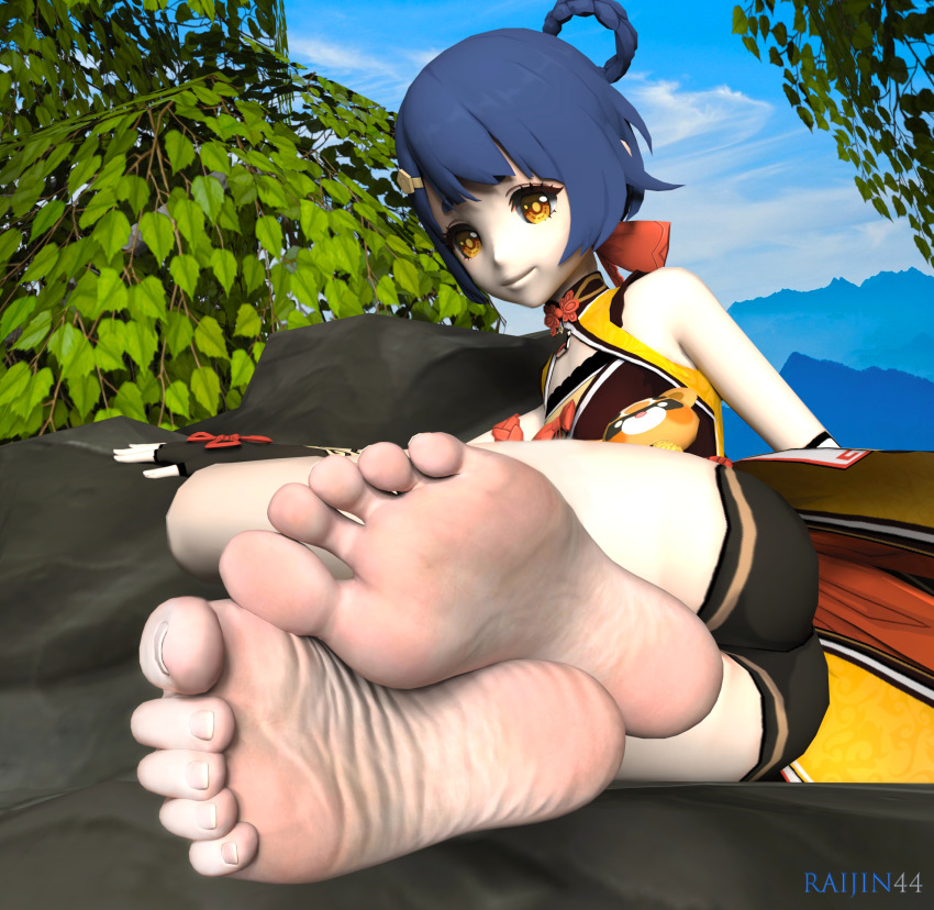 3d barefoot black_shorts blue_hair feet foot_focus genshin_impact happy highres leaning_back outstretched_arms shorts sitting smile soles spread_arms xiangling_(genshin_impact) yellow_eyes