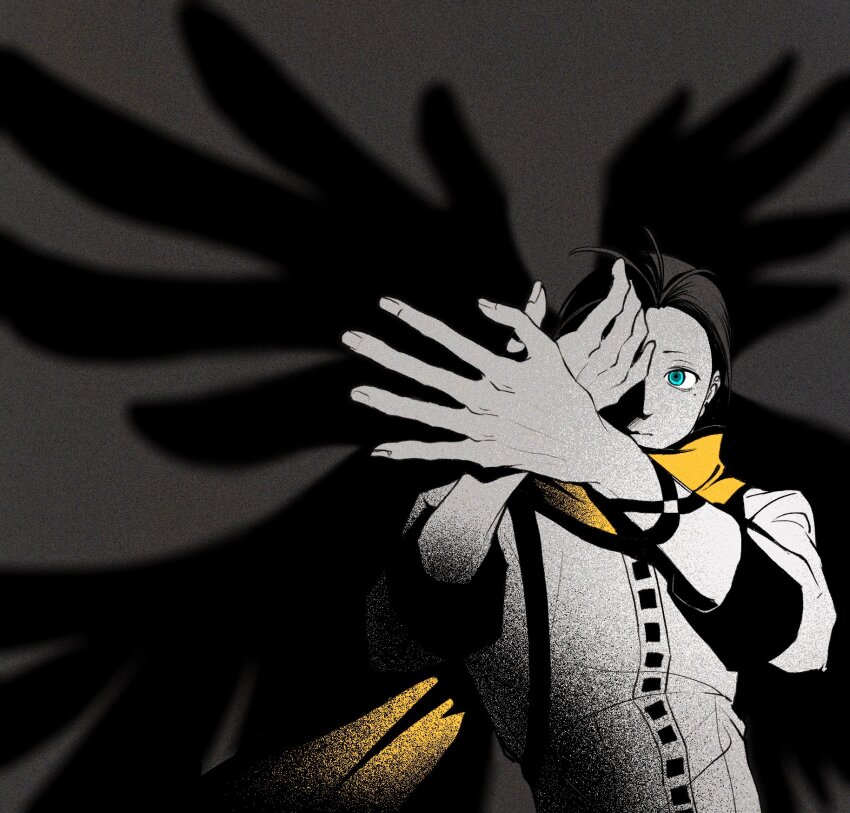 1boy arms_up black_hair black_trim blue_eyes closed_mouth film_grain grey_background hair_slicked_back highres long_scarf looking_at_hands male_focus mochizuki_ryouji mole mole_under_eye one_eye_covered otoko_haza persona persona_3 scarf shadow shadow_puppet shirt short_hair sleeve_cuffs solo upper_body white_shirt yellow_scarf