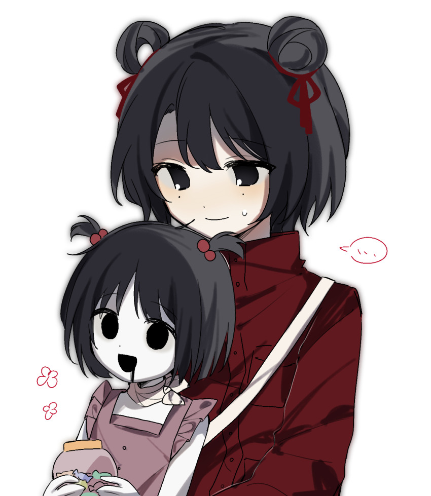 ... 2girls bandana bandana_around_neck black_eyes black_hair child chinese_commentary colored_skin commentary_request drooling empty_eyes hair_bobbles hair_bun hair_ornament hair_ribbon hair_rings happy_aura high_collar highres holding holding_jar huai_huizhi jacket jar li_yuting_(female) mouth_drool multiple_girls open_mouth pink_shirt red_jacket red_ribbon ribbon shirt short_hair short_twintails simple_background single_hair_bun single_hair_ring sleeveless sleeveless_shirt smile speech_bubble spoken_ellipsis touqi_guaitan twintails white_background white_skin yulei069