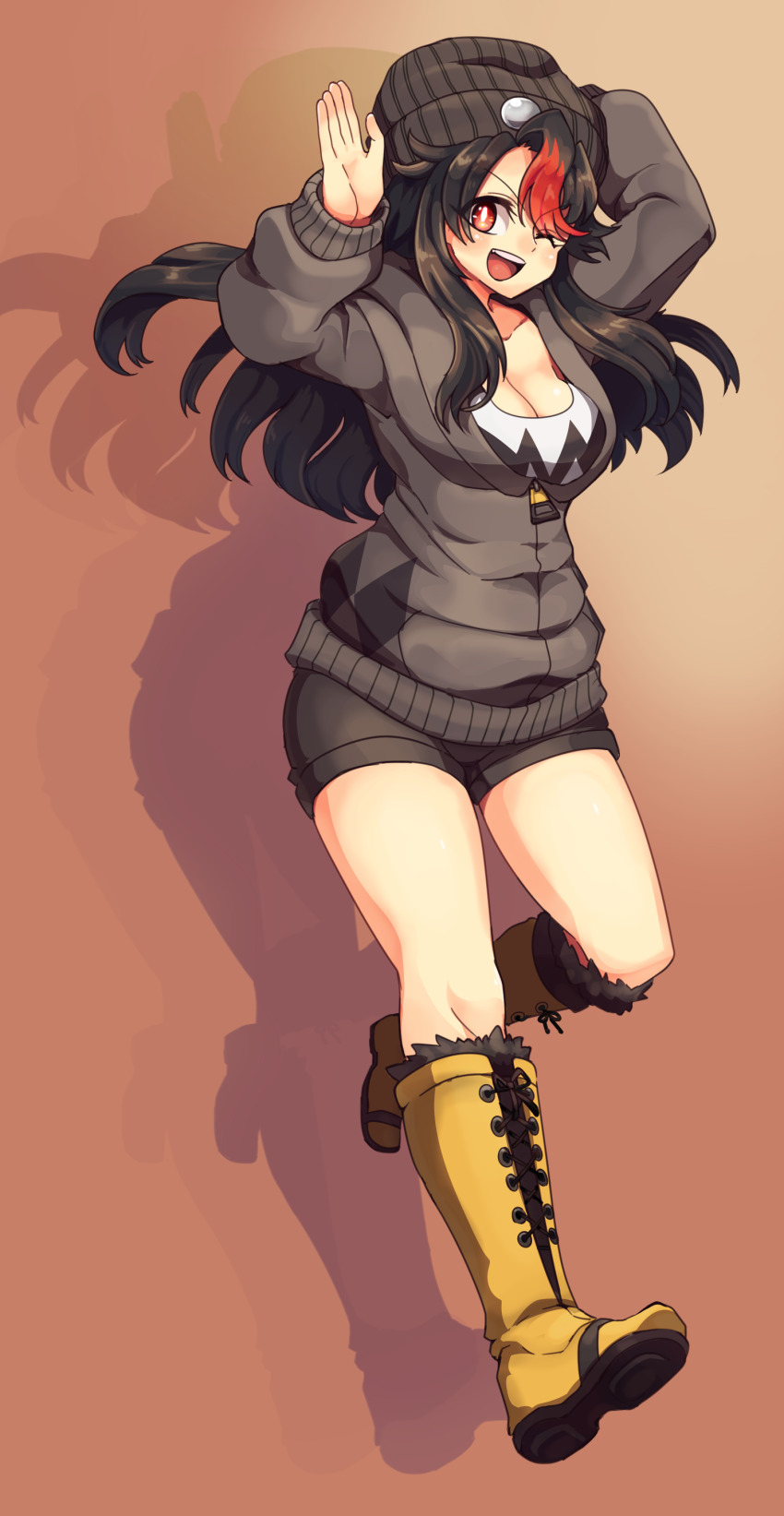 1girl ;d absurdres arms_up black_hair black_shorts boots borokuro breasts brown_background cleavage female_focus full_body gen_4_pokemon grey_jacket highres jacket knee_boots large_breasts looking_at_viewer multicolored_hair nintendo one_eye_closed open_mouth personification pokemon red_eyes red_hair shadow short_shorts shorts skullcap smile solo staraptor two-tone_hair yellow_boots zipper