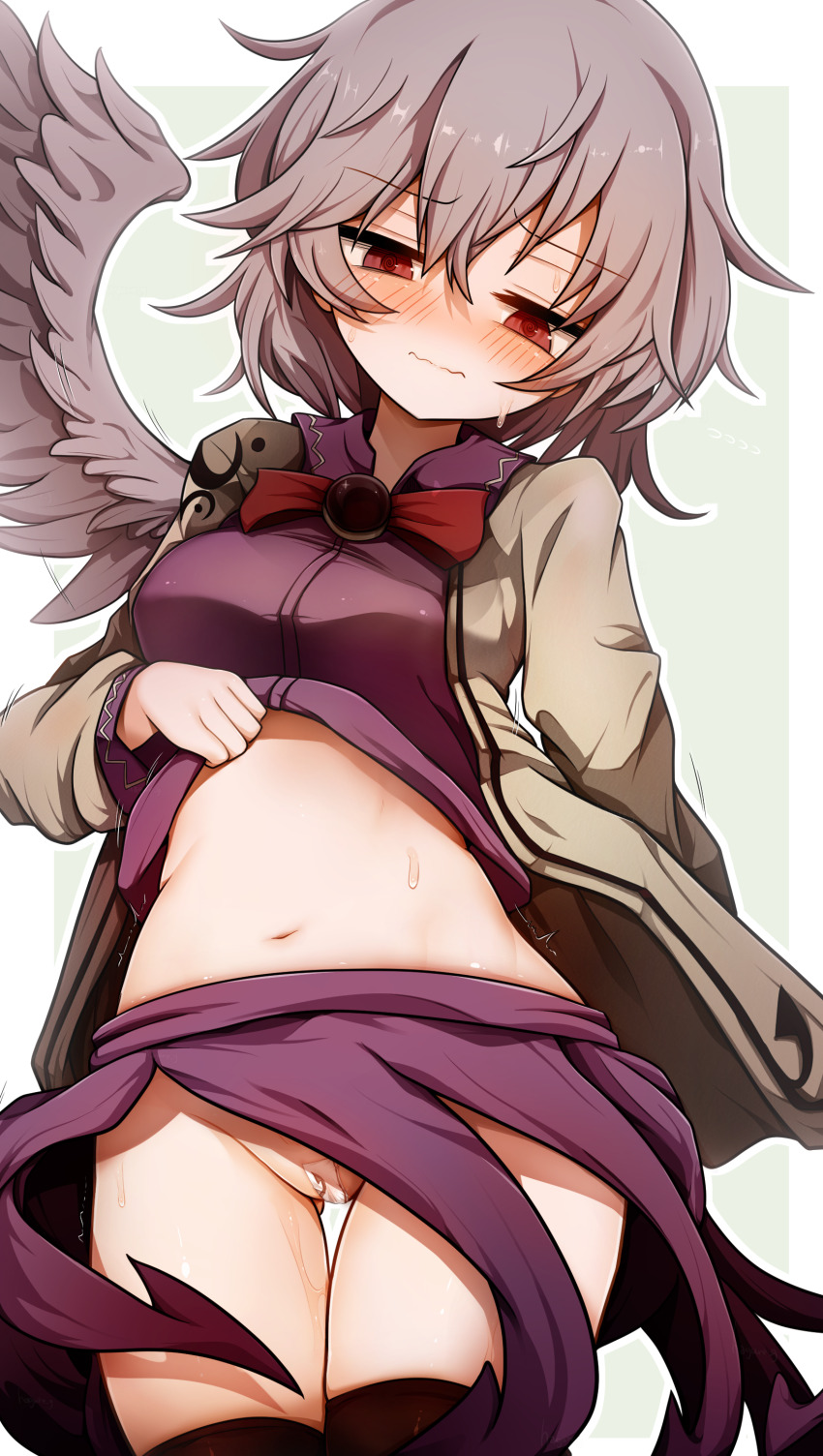 1girl @_@ absurdres black_thighhighs blush bow bowtie clothes_lift cowboy_shot green_background grey_hair grey_jacket hagure_kedama highres jacket juliet_sleeves kishin_sagume lifting_own_clothes long_sleeves looking_down navel open_clothes open_jacket paid_reward_available puffy_sleeves purple_shirt purple_skirt red_bow red_bowtie red_eyes shirt shirt_lift short_hair single_wing skirt solo stomach sweat tape tape_maebari thighhighs touhou trembling wavy_mouth wings