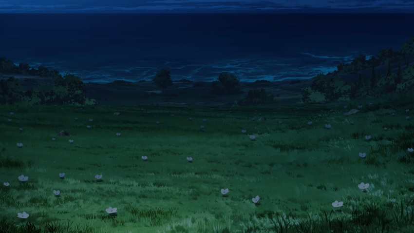 beach bush cloud cloudy_sky dark dirt_road flower forest grass highres hill horizon large_variant_set nature night no_humans non-web_source our_life:_beginnings_and_always outdoors poppy_(flower) road scenery sky too_many_flowers variant_set
