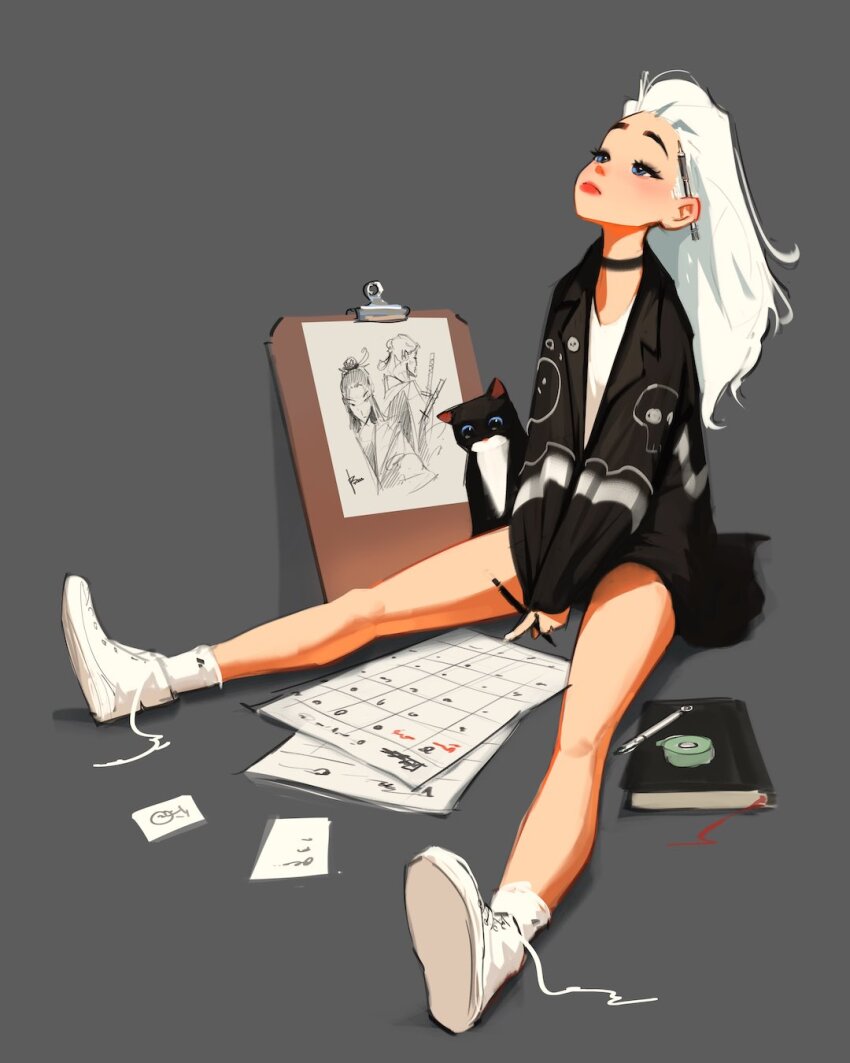 1girl bare_legs black_choker black_jacket blue_eyes blush bruce_(sam_yang) calendar_(object) cat choker clipboard closed_mouth commentary grey_background highres holding holding_pencil jacket kara_(sam_yang) long_hair long_sleeves looking_up open_clothes open_jacket original pencil pencil_behind_ear sam_yang shirt shoes simple_background sitting sneakers socks solo tuxedo_cat white_hair white_shirt white_shoes white_socks