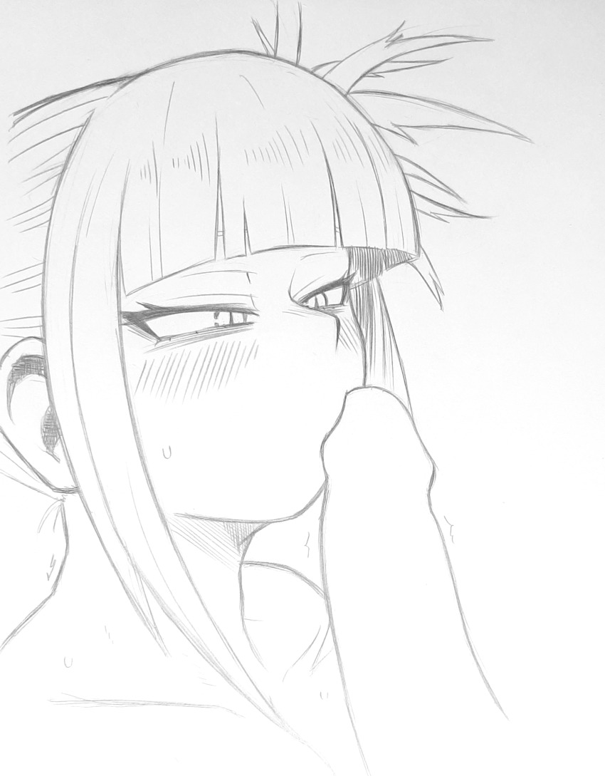 1girl absurdres blunt_bangs blush boku_no_hero_academia double_bun greyscale hair_bun highres james_ls messy_hair monochrome penis sidelocks sketch slit_pupils solo_focus toga_himiko