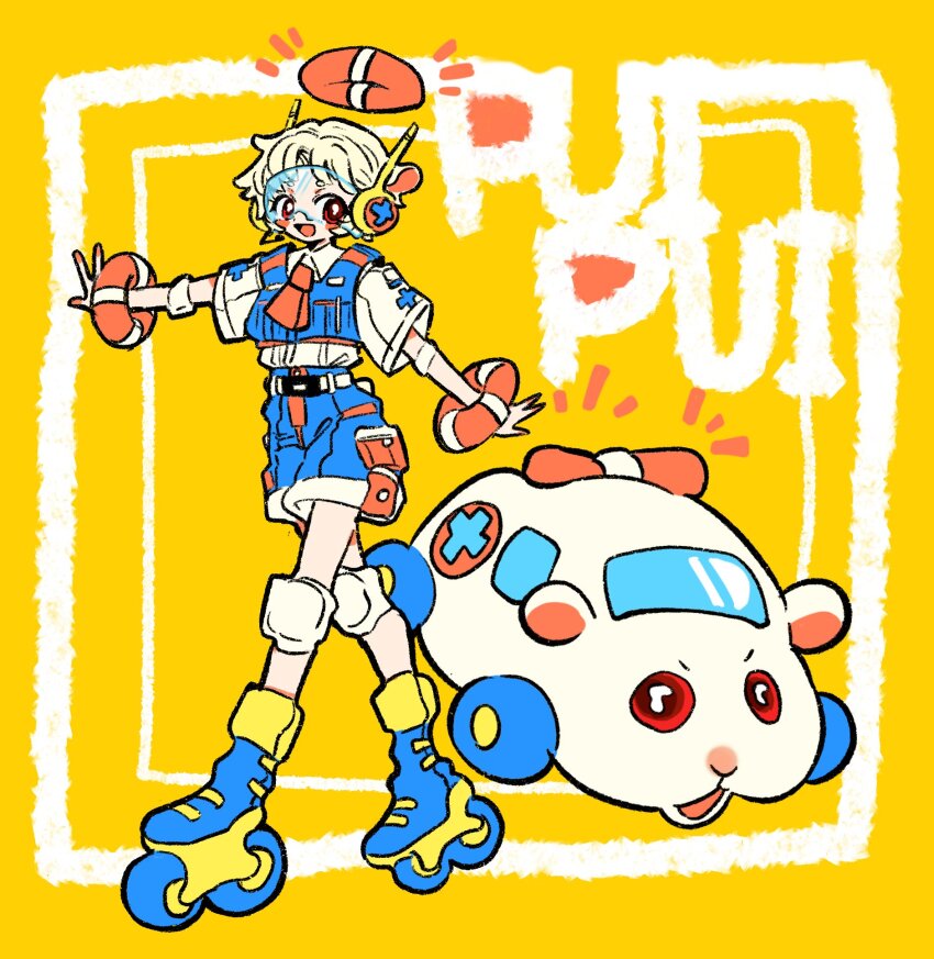 1boy ambulance_molcar androgynous blonde_hair blue_footwear blue_shorts blue_vest car commentary_request full_body halo hands_up highres inline_skates knee_pads looking_at_viewer male_focus molcar motor_vehicle open_mouth outstretched_arm personification pui_pui_molcar red_eyes roller_skates shima_(wansyon144) shirt short_hair short_sleeves shorts skates solo standing very_short_hair vest visor_cap white_shirt yellow_background