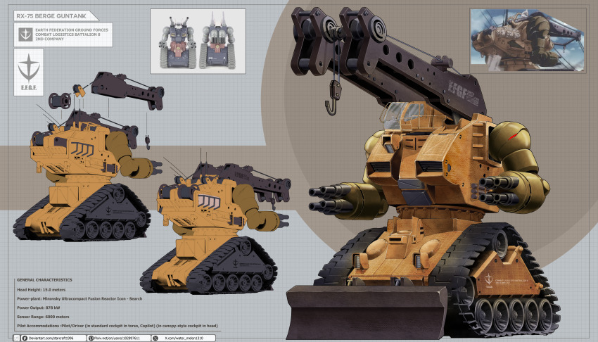 absurdres anime_screenshot berge_guntank caterpillar_tracks commentary concept_art crane_(machine) deviantart_logo deviantart_username earth_federation english_commentary english_text gatling_gun gundam gundam_08th_ms_team guntank highres machinery mecha mecha_focus multiple_views no_humans pixiv_id pixiv_logo reference_inset robot roundel science_fiction twitter_username twitter_x_logo watermark watermelonsfw web_address