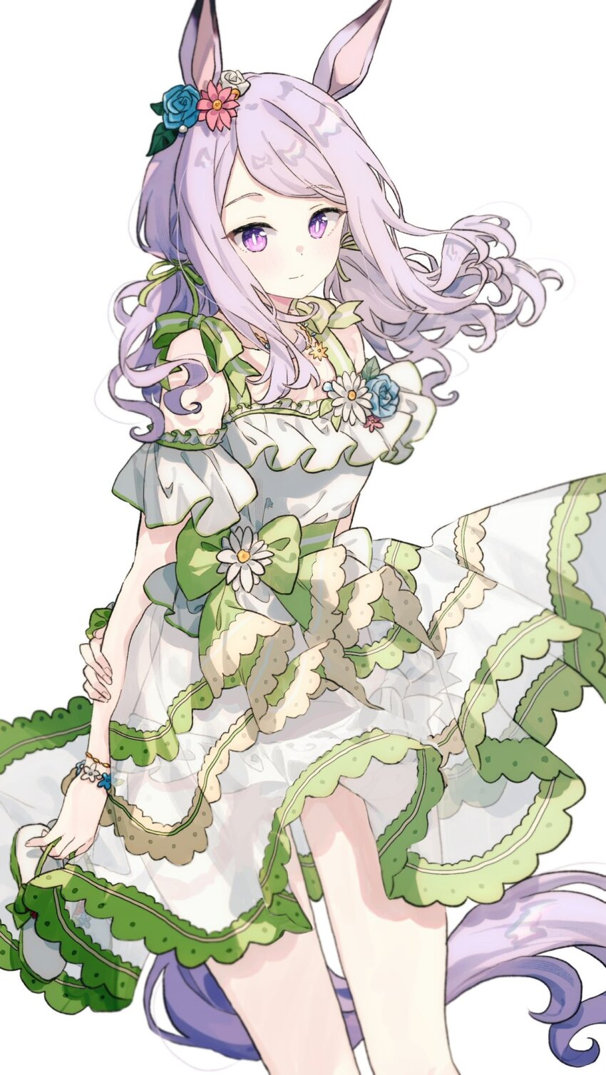 1girl animal_ears arm_behind_back bare_legs bare_shoulders bikini blue_flower bow bracelet breasts closed_mouth cowboy_shot detached_sleeves dress dress_swimsuit floating_clothes floating_hair flower flower_bracelet flower_request frilled_bikini frilled_dress frills green_bow green_dress green_ribbon green_trim hair_flower hair_ornament hair_ribbon hand_on_own_arm highres holding holding_shoes horse_ears horse_girl horse_tail jewelry light_smile long_hair looking_at_viewer looking_to_the_side low_twintails mejiro_mcqueen_(ripple_fairlady)_(umamusume) mejiro_mcqueen_(umamusume) migolu multicolored_dress multiple_bracelets necklace official_alternate_costume official_alternate_hairstyle parted_bangs pink_flower purple_eyes purple_hair purple_tail ribbon see-through_clothes see-through_dress shoes short_sleeves sidelocks simple_background sleeveless sleeveless_dress small_breasts solo split_mouth standing swimsuit tail thick_eyelashes twintails umamusume unworn_shoes waist_bow white_background white_dress white_flower white_sleeves